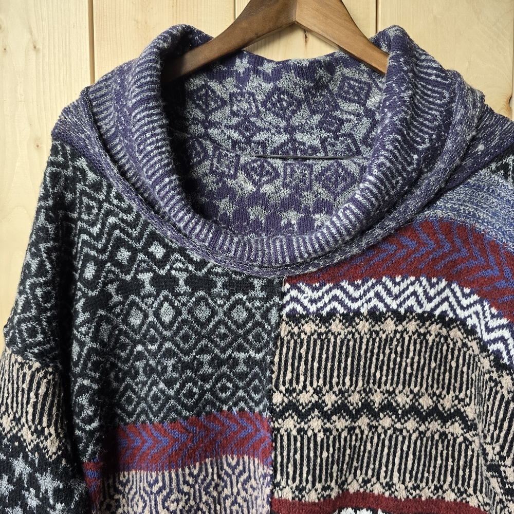 Free People Patchwork Cowl Neck Oversized Knit Pullover Sweater Womens Small - Picture 2 of 11